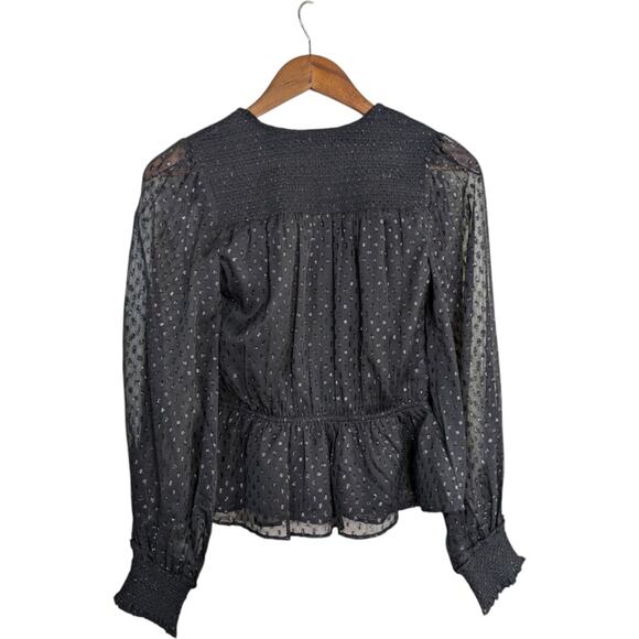 Ash & Eden Swiss Dot Top 4 Black Faux Wrap Peplum Smocked Sheer L/S Shimmer - Picture 6 of 9